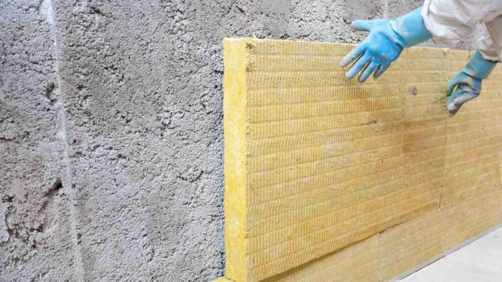 Eine Person mit blauen Handschuhen bringt eine gelbe Mineralwolle-Dämmplatte an einer rohen, unfertigen Betonwand an.
